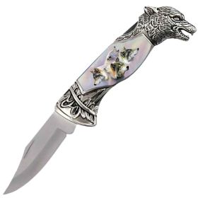 8" Overall Wolf Head Lockback Folding Pocket Knife in a Gift Box - 4  Design Selection (Design: 10)