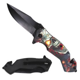 4.75" Closed Tactical Rescue Spring Assist Knife - Multiple Design Selection (Design: Red Skull)