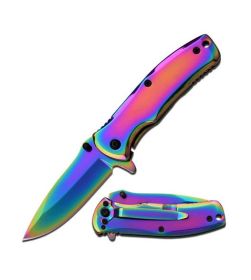 3.5" Closed Stainless Steel Spring Assisted Folding Knife - 3 Color Selection (Color: rainbow)