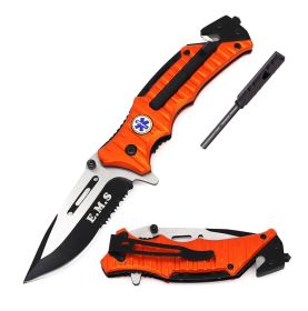 Tactical Folding Spring Assisted Knife with Firestarter and Whistle - 4 Design Selection (Design: EMS)