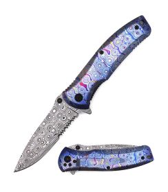 Multi Color Spring Assist Folding Knife Damascus Finish Blade - 2 Color Selection (Color: Multi Color 2)