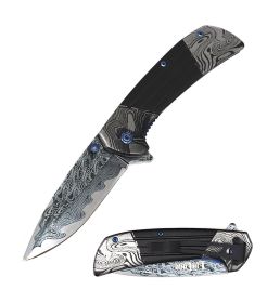 8" Titanium Damascus Etched Stainless Steel Pocket Knife - 2 Color Selection (Color: Heavy Black)