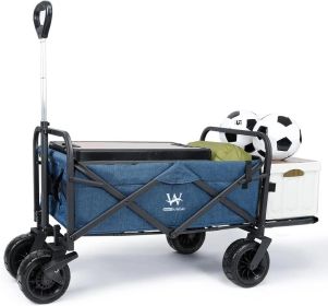 Whitsunday Folding Outdoor Wagon Cart 8“ Fat Wheel with Brake and Tailgate (Color: Blue)